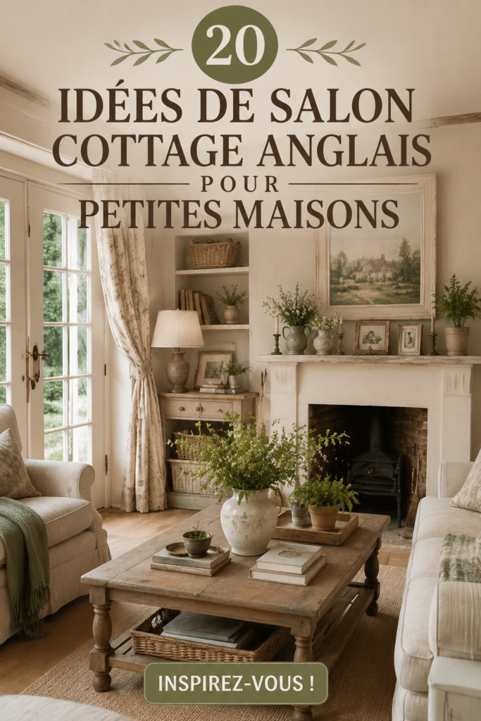 Salon cosy inspiré du style cottage anglais avec des couleurs douces et des meubles en bois.