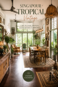 Un magnifique paysage de Singapour illustrant la végétation luxuriante et le charme vintage de la ville.