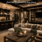 Un sous-sol moderne avec un bar élégant et des accents en bois foncé, créant une ambiance chaleureuse.
