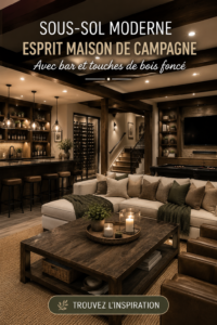 Un sous-sol moderne avec un bar élégant et des accents en bois foncé, créant une ambiance chaleureuse.