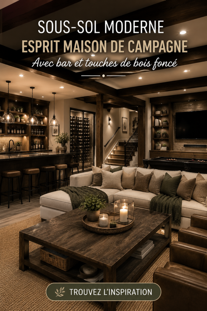 Un sous-sol moderne avec un bar élégant et des accents en bois foncé, créant une ambiance chaleureuse.