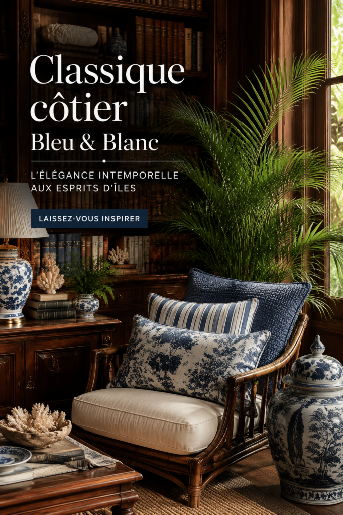 Intérieur moderne avec des éléments de décoration bleu et blanc inspirés du style coastal.