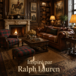 Une femme portant une tenue élégante inspirée du style Ralph Lauren, avec un cadre extérieur naturel.