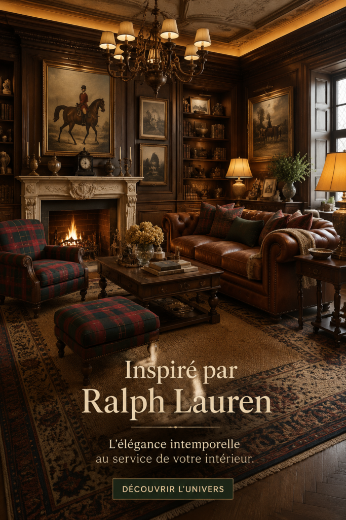 Une femme portant une tenue élégante inspirée du style Ralph Lauren, avec un cadre extérieur naturel.