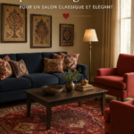 Un tapis Oushak rouge riche dans un salon élégant, ajoutant une touche de sophistication.