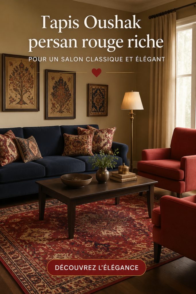 Un tapis Oushak rouge riche dans un salon élégant, ajoutant une touche de sophistication.