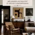 Une pièce élégante mêlant mobilier vintage et contemporain dans une décoration chaleureuse.