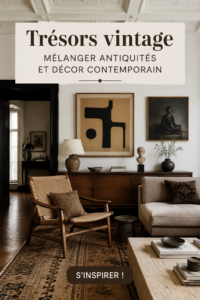 Une pièce élégante mêlant mobilier vintage et contemporain dans une décoration chaleureuse.