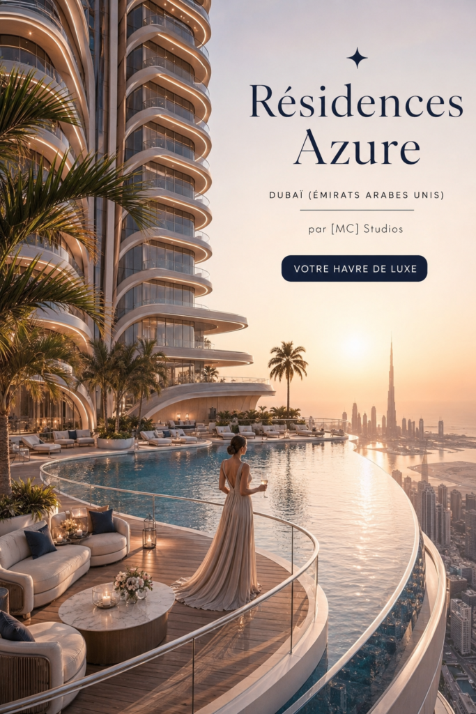 Vue aérienne des Azure Residences à Dubaï, mettant en avant leur architecture moderne.