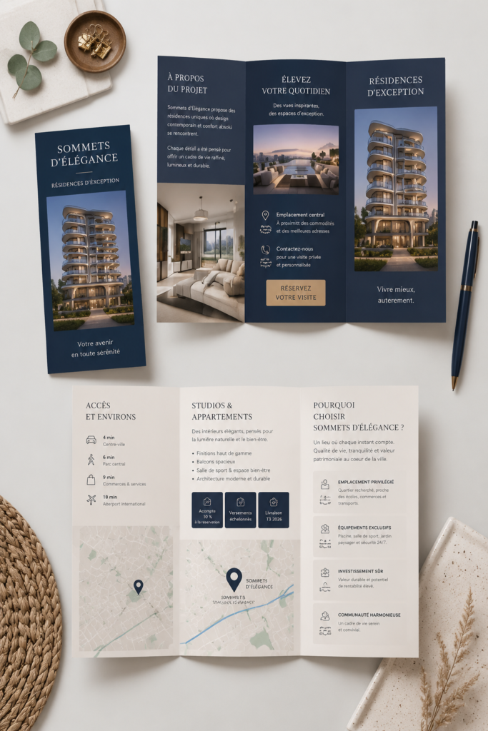 Une brochure immobilière bien conçue mettant en avant des maisons à vendre.