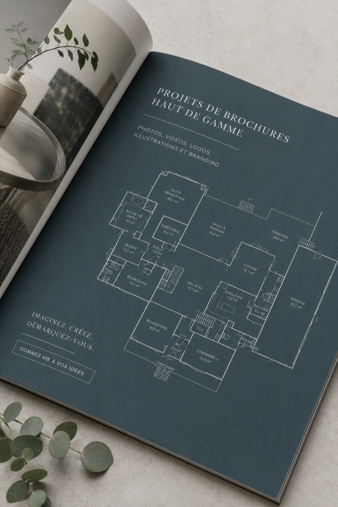 Brochure élégante représentant une propriété de luxe, mettant en avant ses caractéristiques uniques.