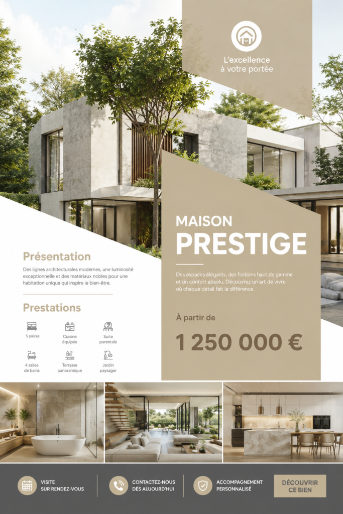 Une brochure immobilière au design attractif présentant une maison en vente.