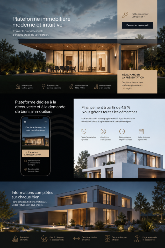 Capture d'écran d'un site immobilier bien agencé montrant des propriétés