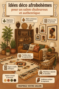 Salon décoré dans un style afro-hemian avec des couleurs chaudes et des textures variées.