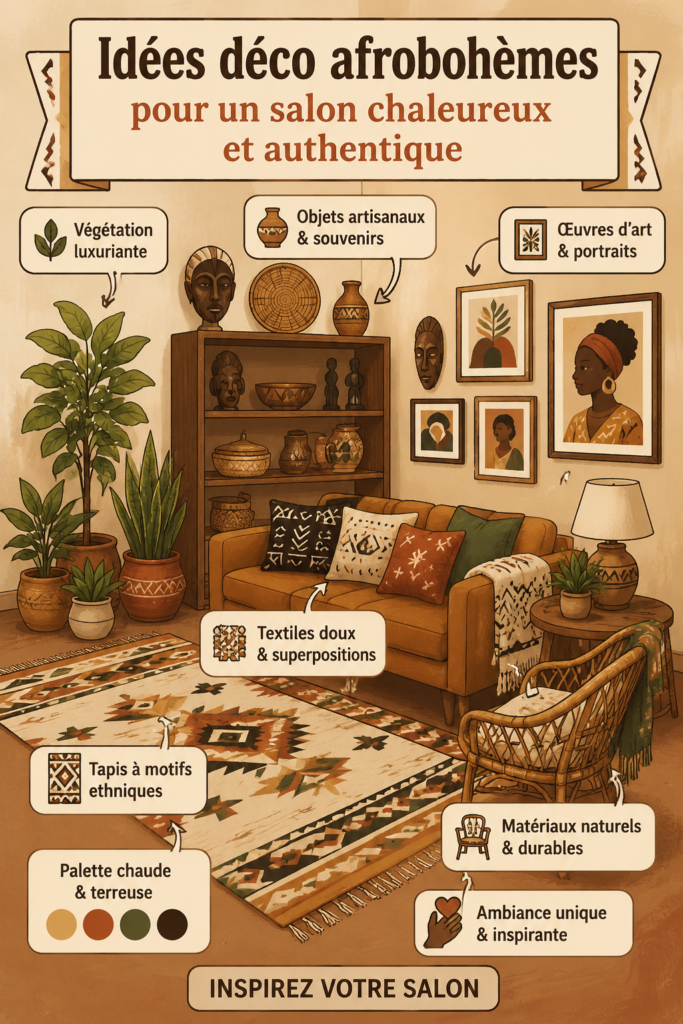 Salon décoré dans un style afro-hemian avec des couleurs chaudes et des textures variées.