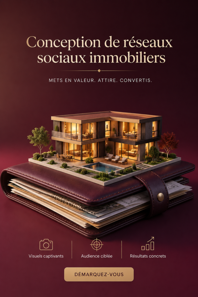 Un collage de designs immobiliers créatifs pour les réseaux sociaux.