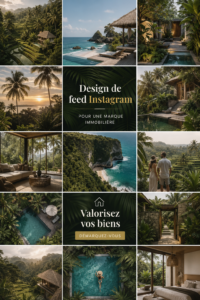 Capture d'écran d'un feed Instagram parfaitement conçu pour une marque immobilière, avec des images modernes et attrayantes.