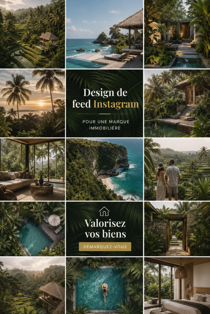 Capture d'écran d'un feed Instagram parfaitement conçu pour une marque immobilière, avec des images modernes et attrayantes.