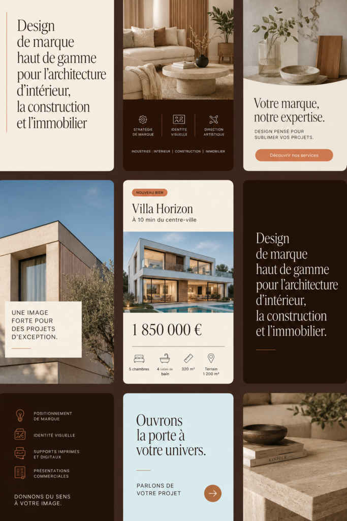 Design de marque moderne pour l'immobilier, mettant en avant des espaces élégants et accueillants.