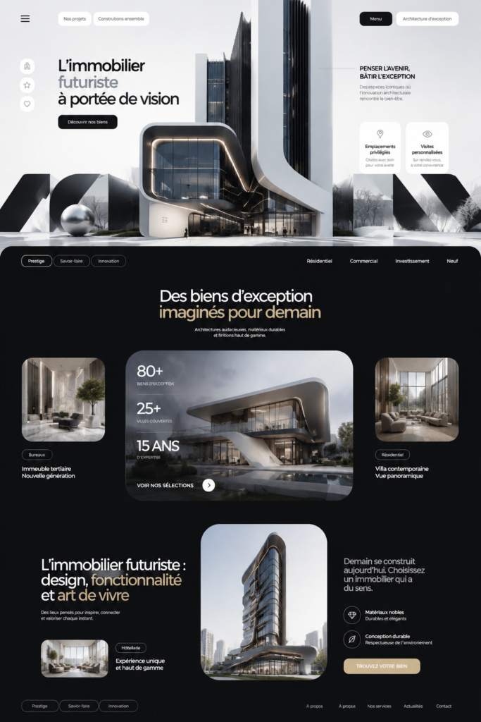 Un aperçu d'un design moderne pour une page d'accueil immobilière, élégant et fonctionnel.