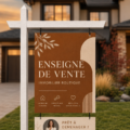 Panneau immobilier coloré et accrocheur devant une maison à vendre.