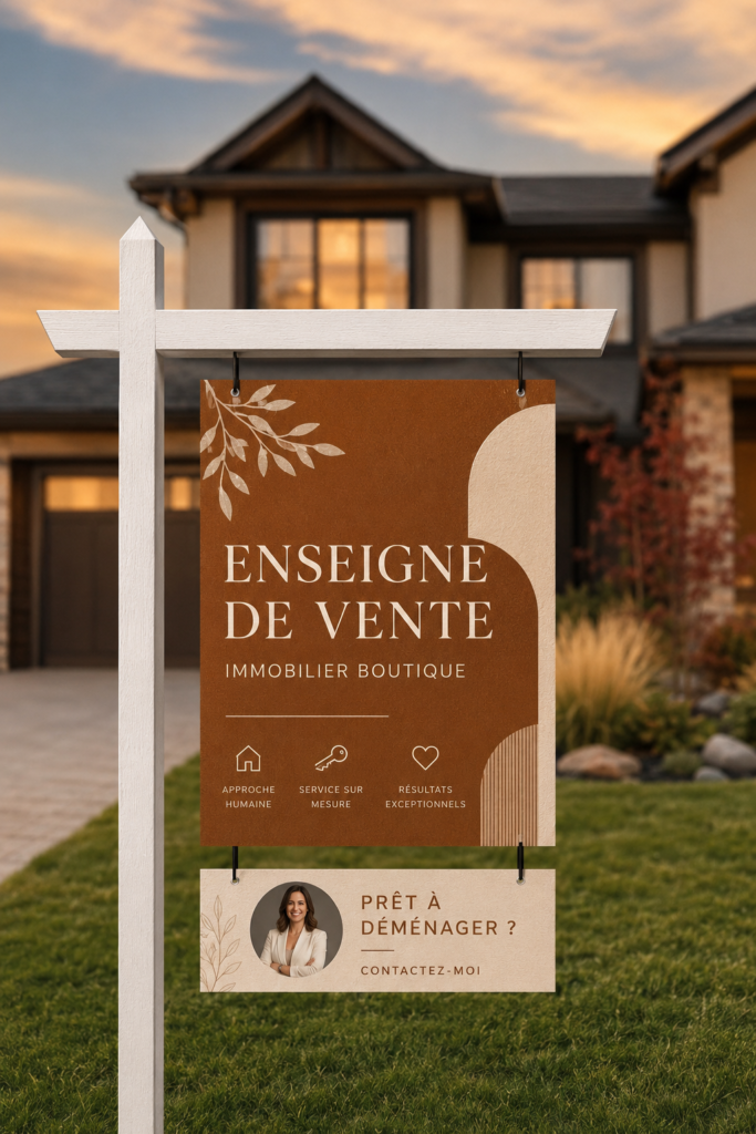 Panneau immobilier coloré et accrocheur devant une maison à vendre.