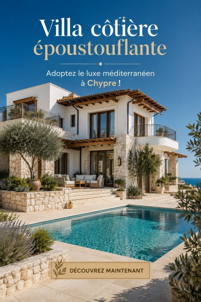 Villa côtière méditerranéenne à Chypre, avec vue sur la mer et architecture ensoleillée.