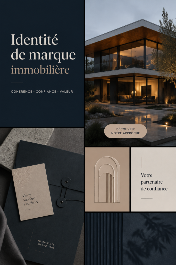 Visuel illustrant des éléments de branding immobilier avec des couleurs harmonieuses.