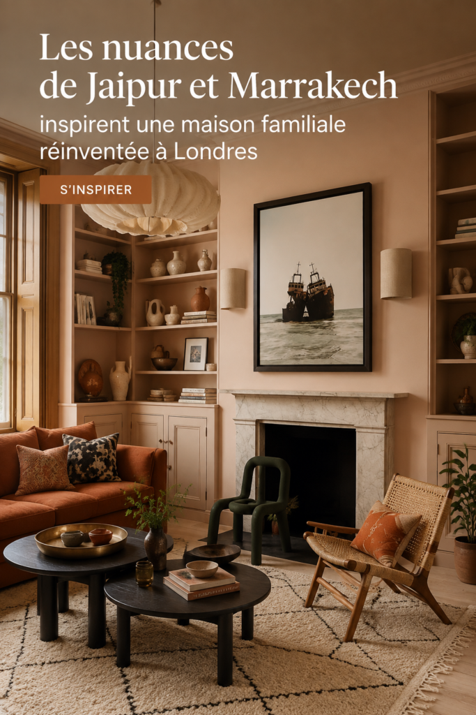 Maison décorée avec des influences de Jaipur et Marrakech, mettant en avant des couleurs vives et des textiles