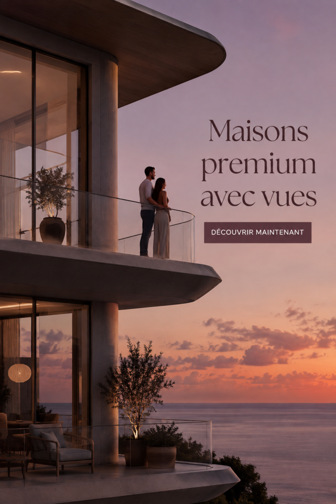 Maison moderne avec vue sur la mer au coucher de soleil