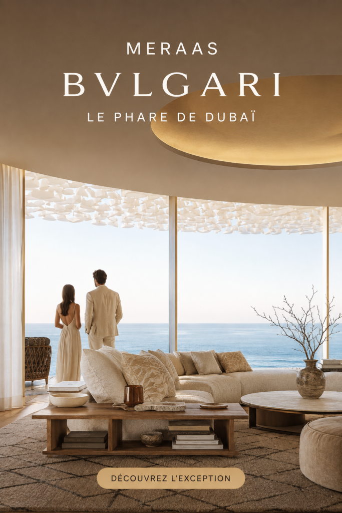 Vue du phare Bvlgari à Dubaï, symbole d'élégance et d'architecture moderne.