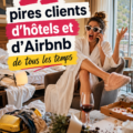 Une illustration d'une réception d'hôtel avec des clients aux comportements surprenants.