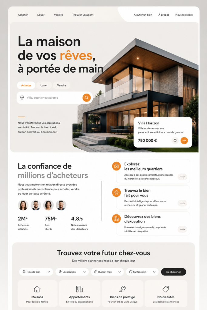 Concept de design UX pour un site immobilier, mettant en avant une interface conviviale.