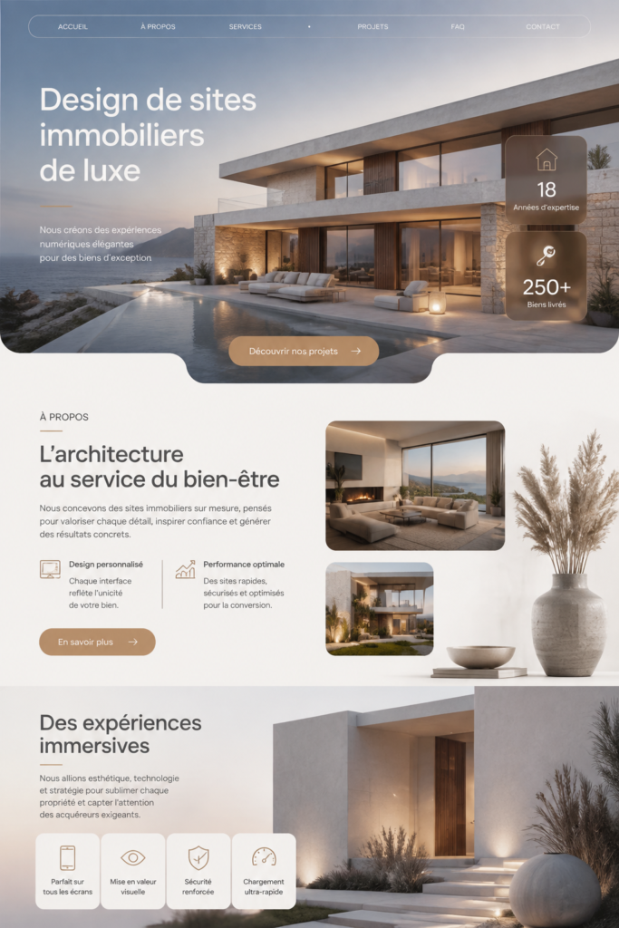 Conception élégante d'un site web immobilier pour des propriétés de luxe.