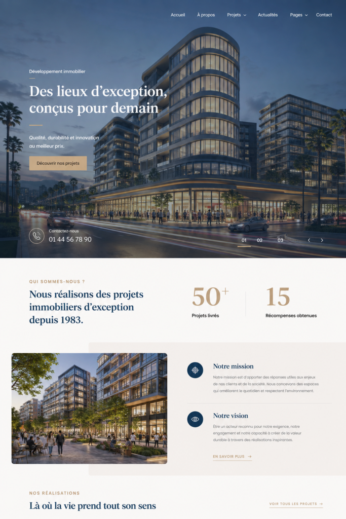 Un aperçu d'un site immobilier chaleureux utilisant un thème WordPress moderne.
