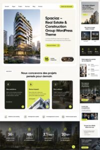 Un aperçu du thème WordPress Spaciaz adapté à l'immobilier, mettant en avant des propriétés élégantes.