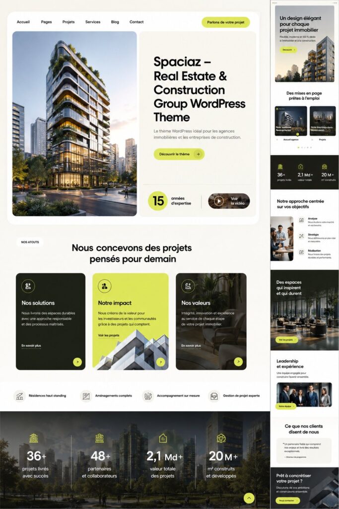 Un aperçu du thème WordPress Spaciaz adapté à l'immobilier, mettant en avant des propriétés élégantes.