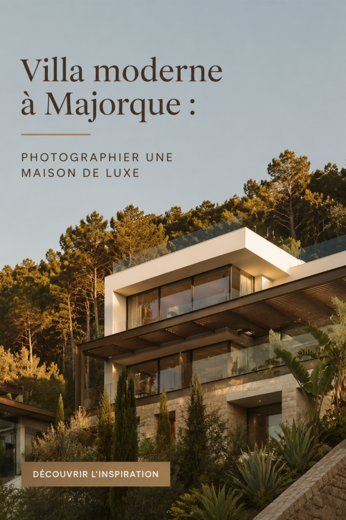 Vue extérieure d'une villa moderne à Majorque avec piscine et jardin.