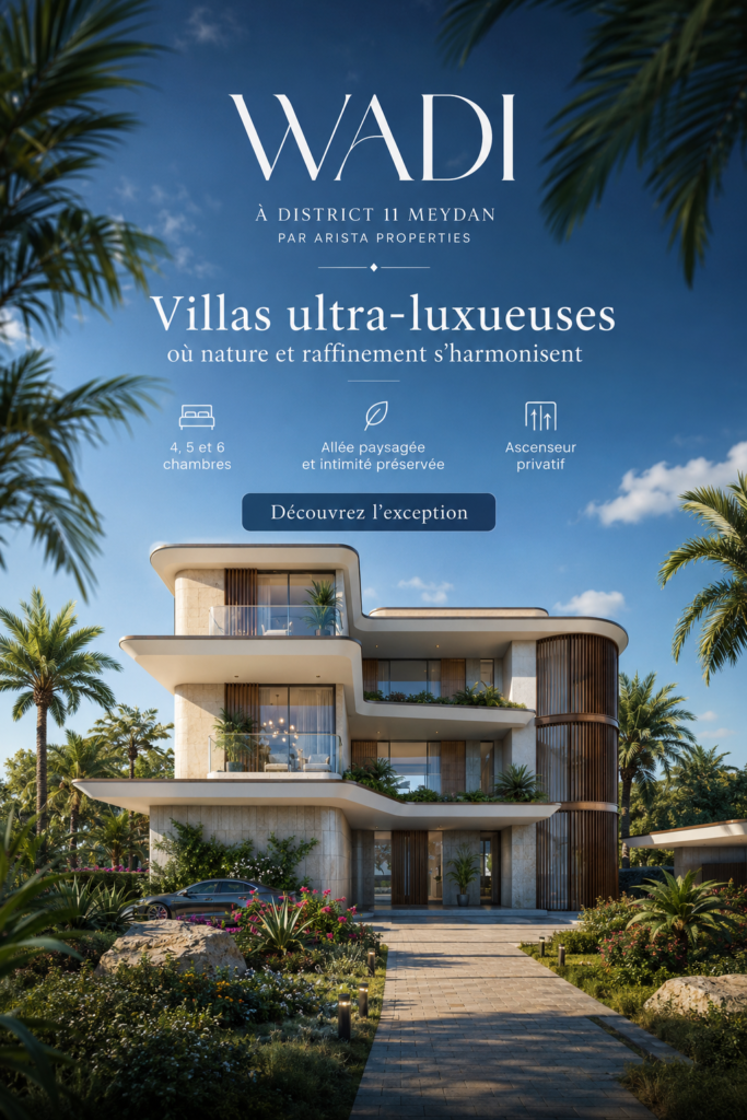 Vue d'ensemble du projet immobilier WADI situé à Meydan, montrant les maisons modernes et l'environnement paisible.