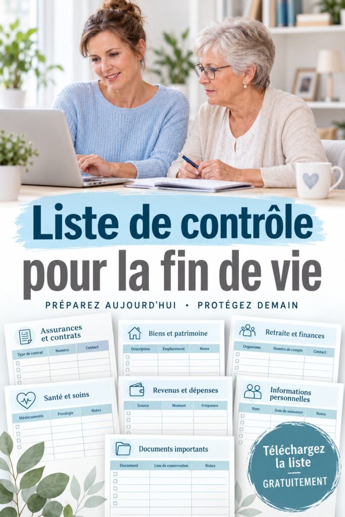 Checklist de fin de vie présentée sur une table avec des documents
