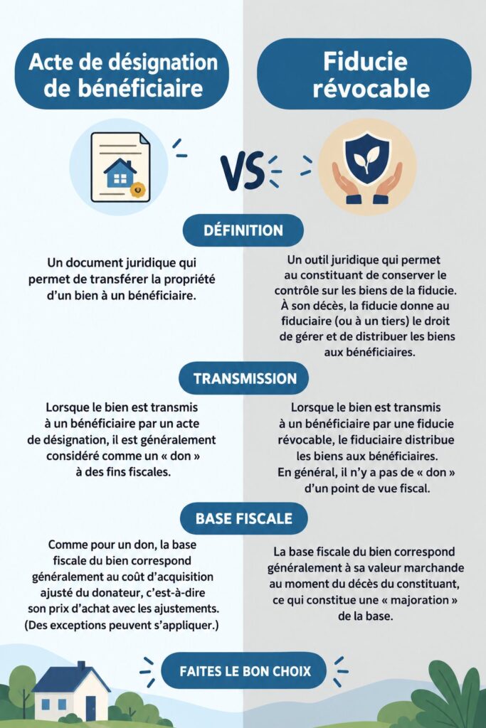 Illustration montrant une femme réfléchissant à la gestion de son patrimoine entre Deed et Trust.