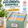 Femme organisant des documents importants dans un dossier à la maison.