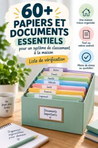 Femme organisant des documents importants dans un dossier à la maison.