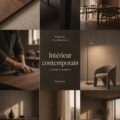 Un intérieur moderne avec des jeux de lumière et des textures chaleureuses.