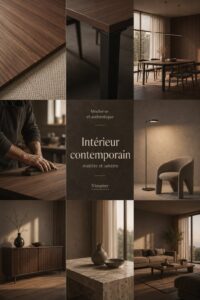 Un intérieur moderne avec des jeux de lumière et des textures chaleureuses.