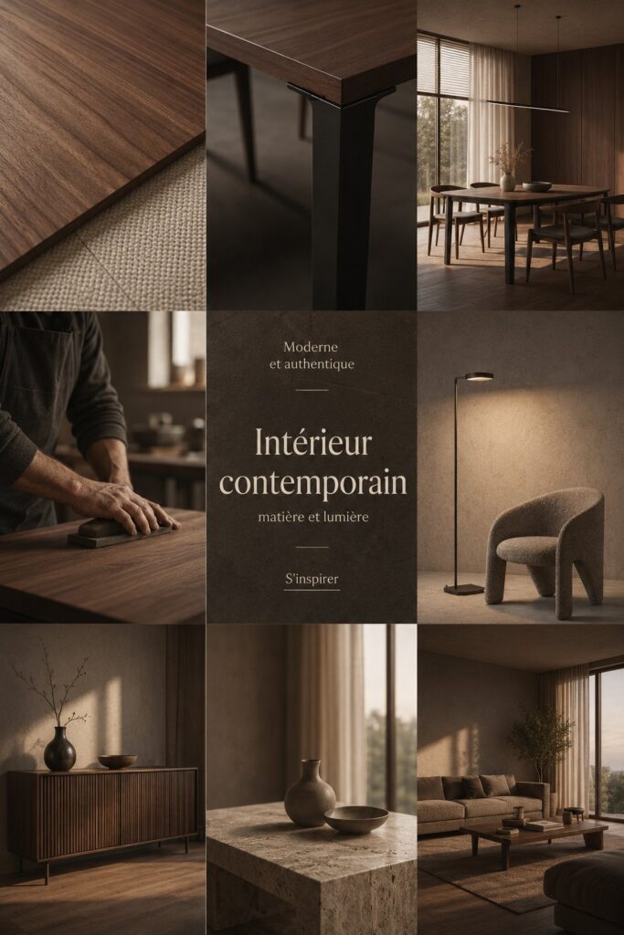 Un intérieur moderne avec des jeux de lumière et des textures chaleureuses.