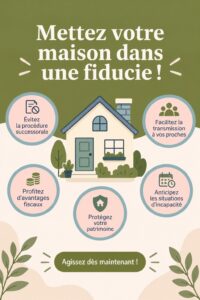 Image représentant une maison entourée de symboles de protection juridique, illustrant l'idée de fiducie immobilière.