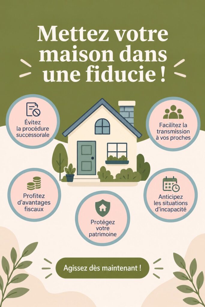 Image représentant une maison entourée de symboles de protection juridique, illustrant l'idée de fiducie immobilière.