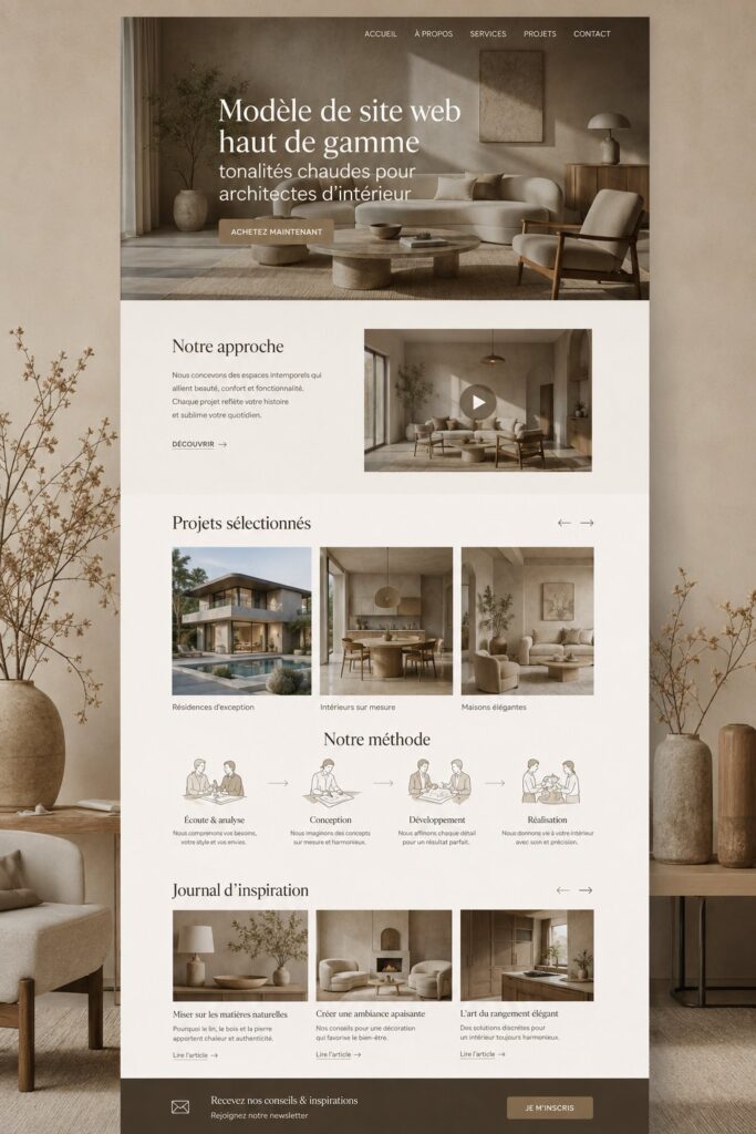 Modèle de site web élégant pour stylistes d'intérieur en tons chauds