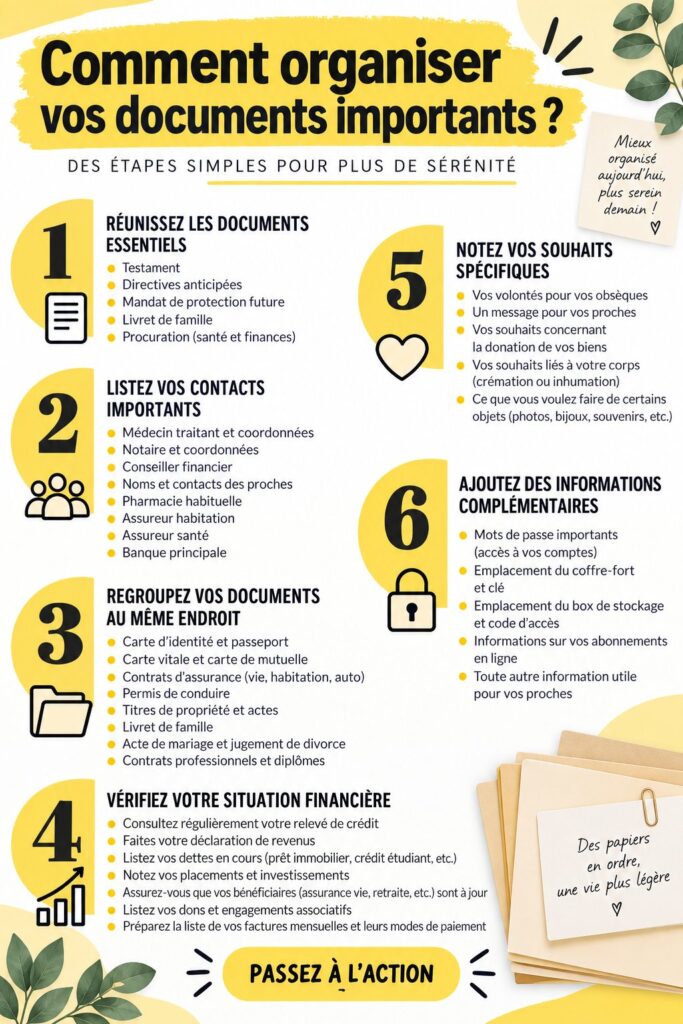Un bureau bien organisé avec des documents importants triés et rangés.